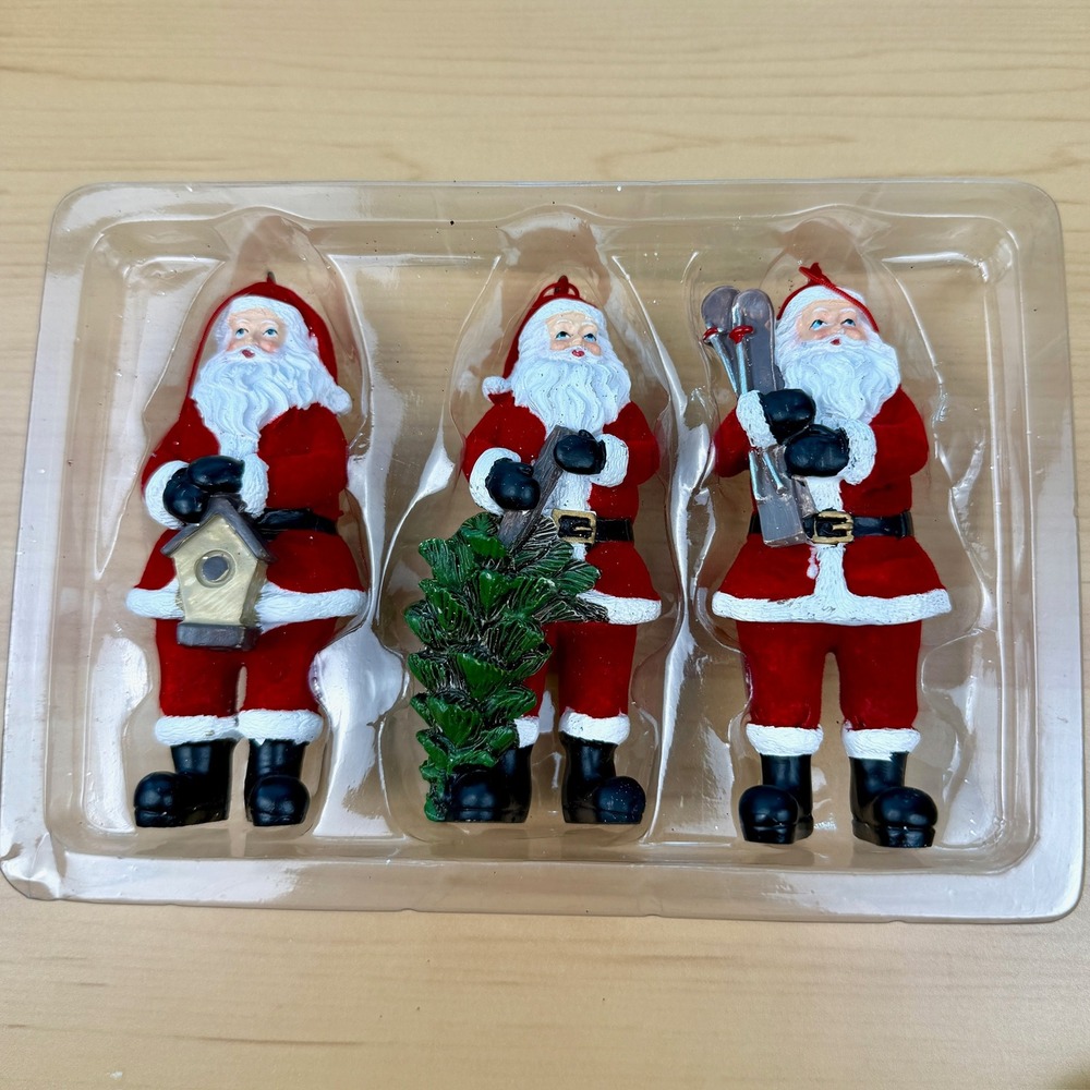 Red Flocked Santa Claus Christmas Ornaments Set of 3 Birdhouse Tree Skis 4 Inch